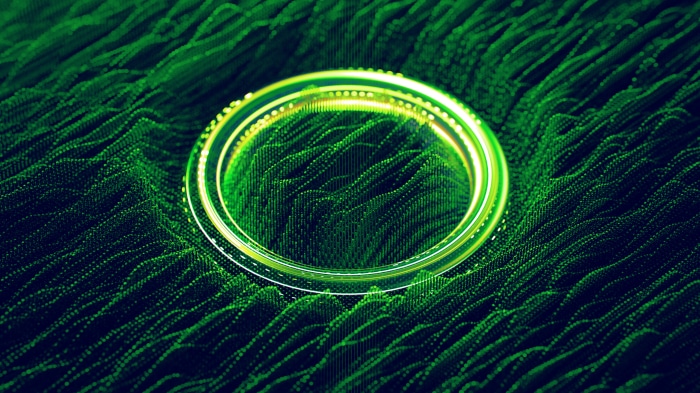 Abstract Green Digital Landscape with Glowing Ring 4K