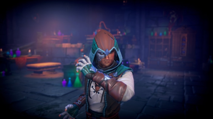 Character with cybernetic mask in a dimly lit room