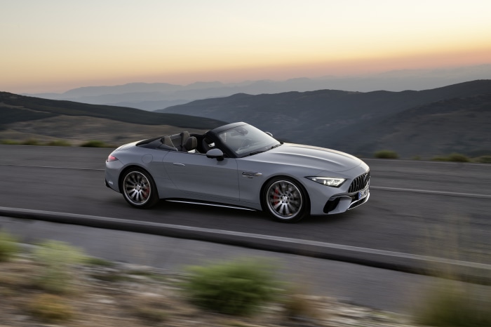 Mercedes-AMG SL 55 4MATIC convertible driving on a mountain road