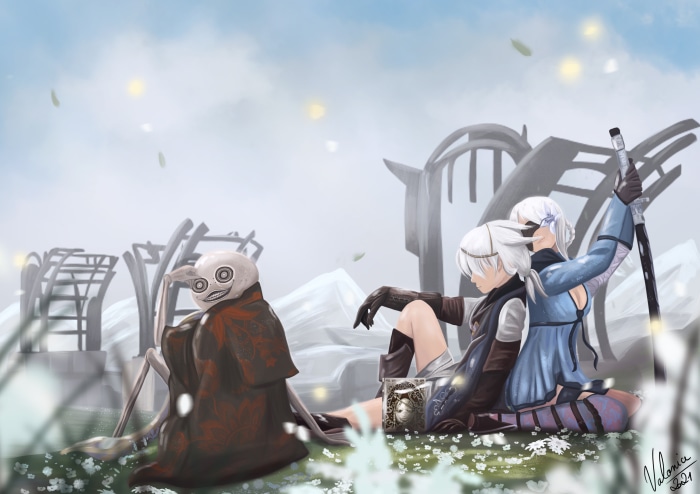 Kainé and Nier from NieR Replicant in a desolate landscape