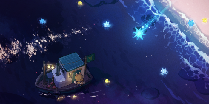 Redd from Animal Crossing on a boat with glowing stars