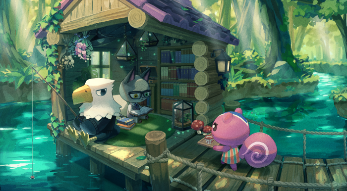 Animal Crossing characters at a riverside cabin