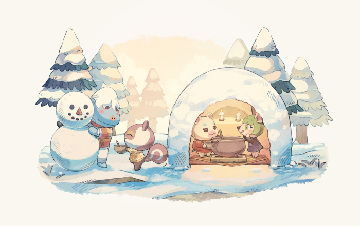 Animal Crossing characters in a snowy landscape