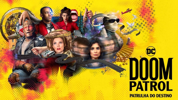 Doom Patrol characters on a yellow background