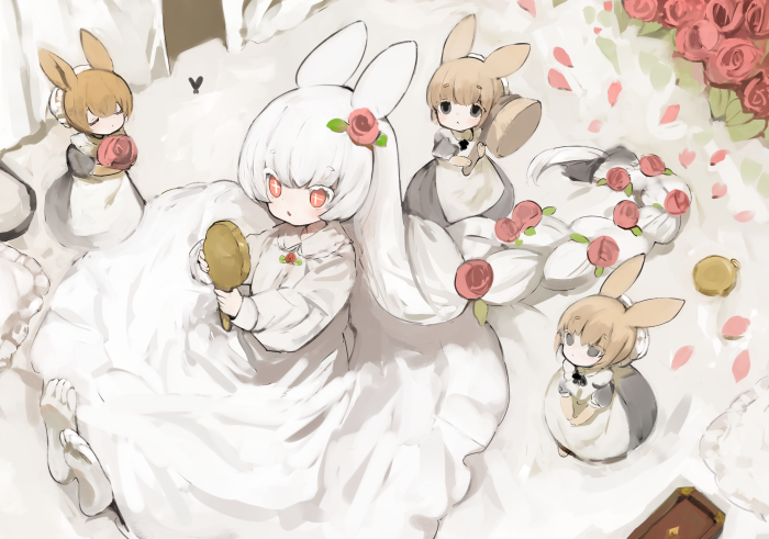 Four bunny-eared girls in white dresses with roses