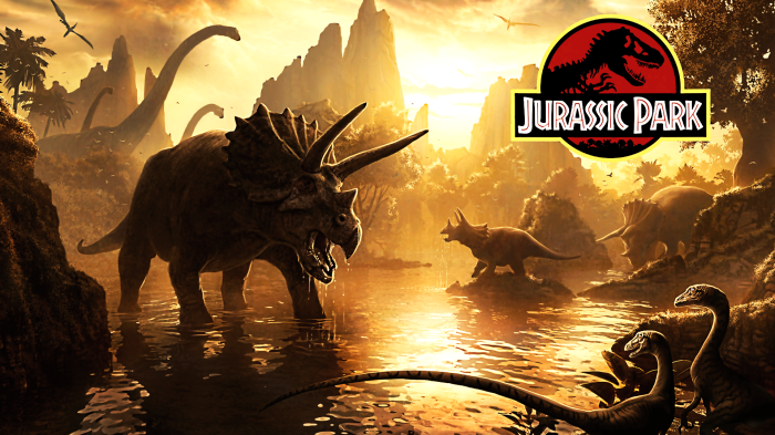 Jurassic Park Dinosaurs in Sunset Landscape
