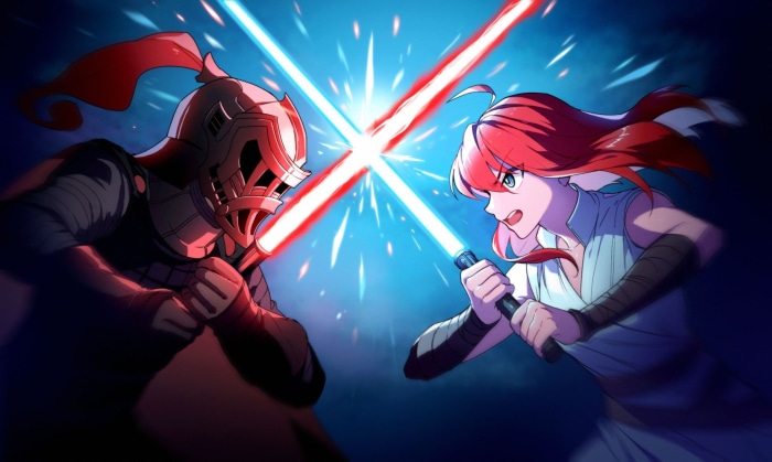 Knight and girl with lightsabers from Guardian Tales