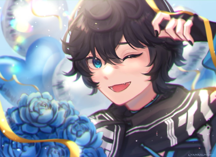 Axia Krone from Nijisanji with blue flowers and balloons