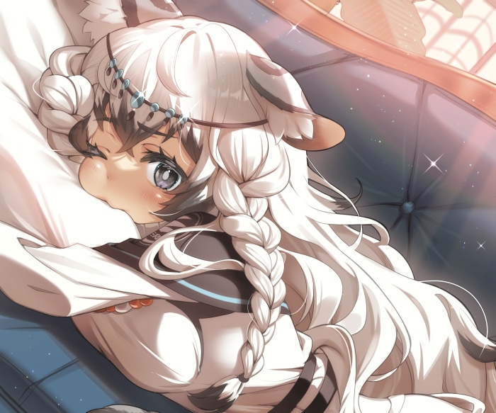 Pramanix from Arknights lying on a couch