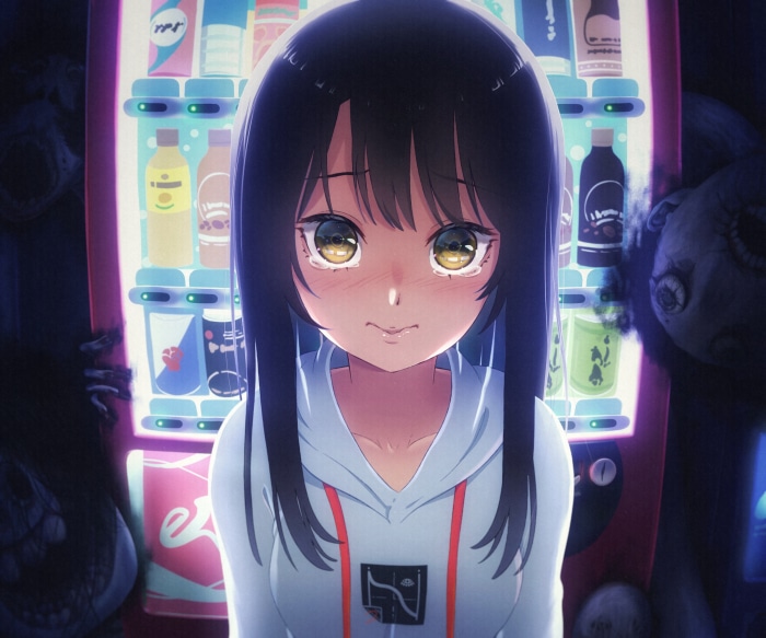 Miko Yotsuya from Mieruko-chan in front of a vending machine