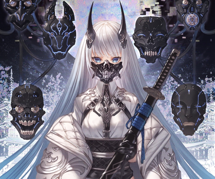Girl with horns and mask holding a katana