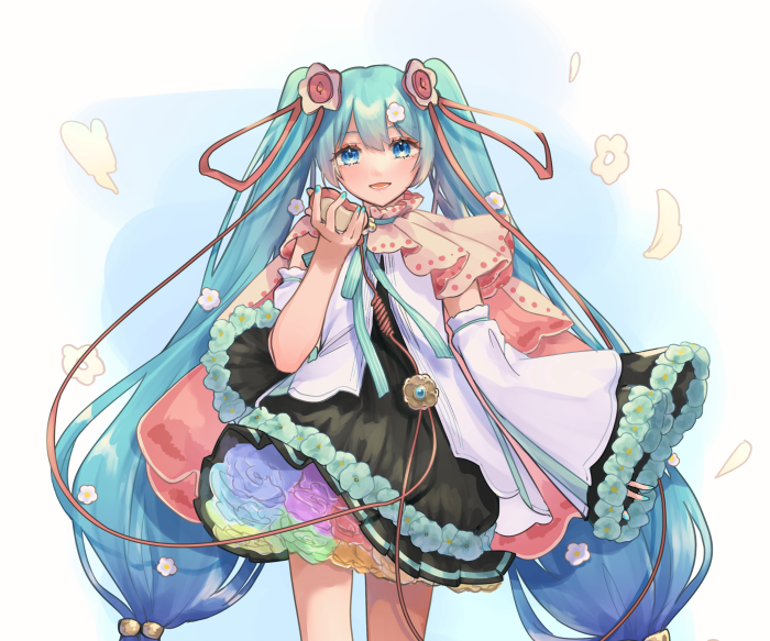 Hatsune Miku holding an apple with flowers