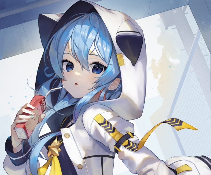 Hoshimachi Suisei from Hololive drinking juice