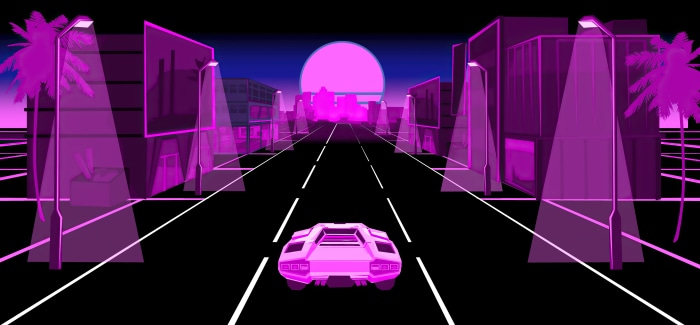 Synthwave Lamborghini driving through a neon city at sunset