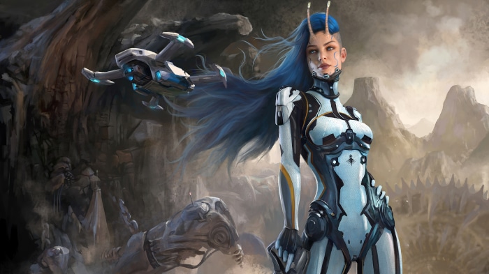 Sci Fi Cyborg with Blue Hair and Spaceship 4K