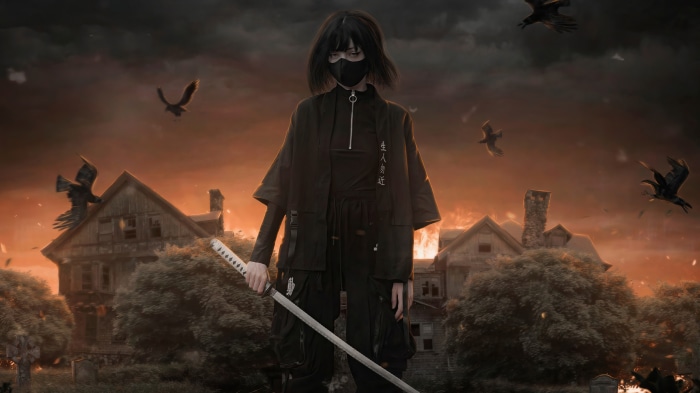 Woman in black with katana in front of abandoned houses