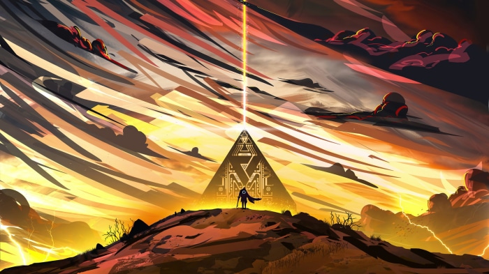 Figure in front of a pyramid with a light beam