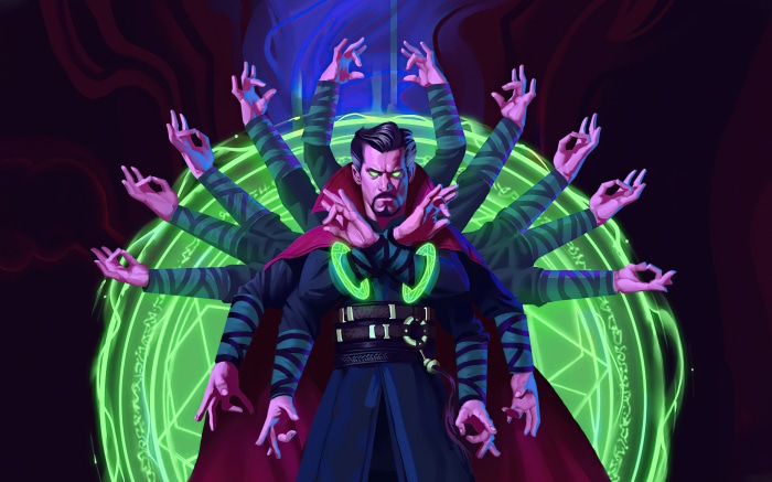 Doctor Strange with multiple arms casting spells