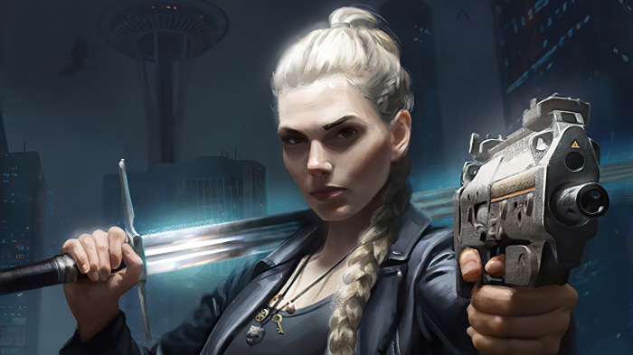 Woman with sword and gun in sci-fi city