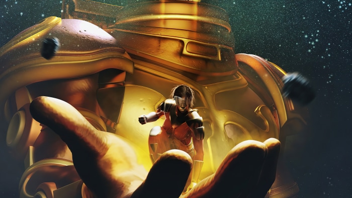 Thena from Eternals in a giant golden hand