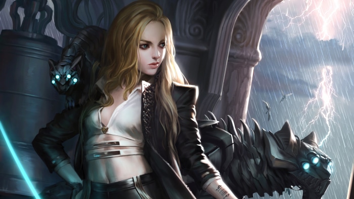 Fantasy Woman with Mechanical Cat and Lightning