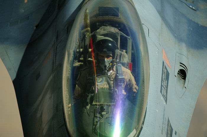 Jordanian air force F-16J Fighting Falcon pilot in cockpit