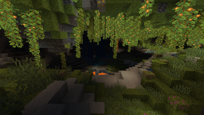 Minecraft Lush Cave with Hanging Vines and Lava