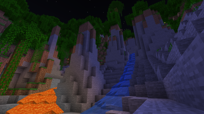 Minecraft jungle biome with lava and waterfall