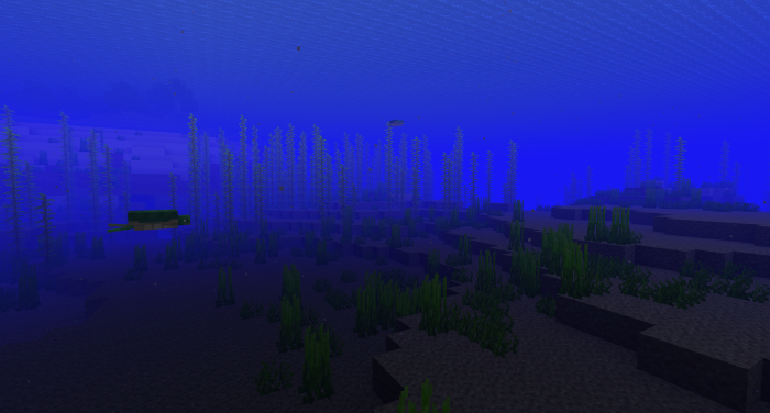 Turtles swimming in a deep Minecraft ocean with kelp