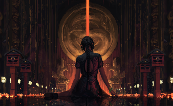 Woman in black dress in front of dragon emblem