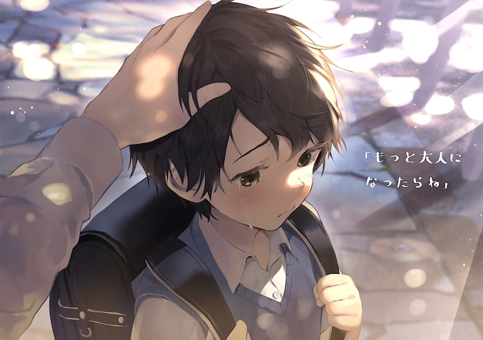 Boy with hand on head