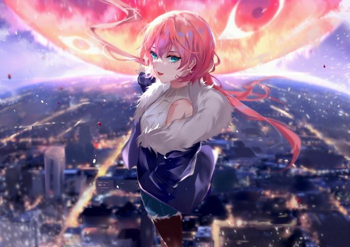 Tenebria from Epic Seven overlooking a city at night