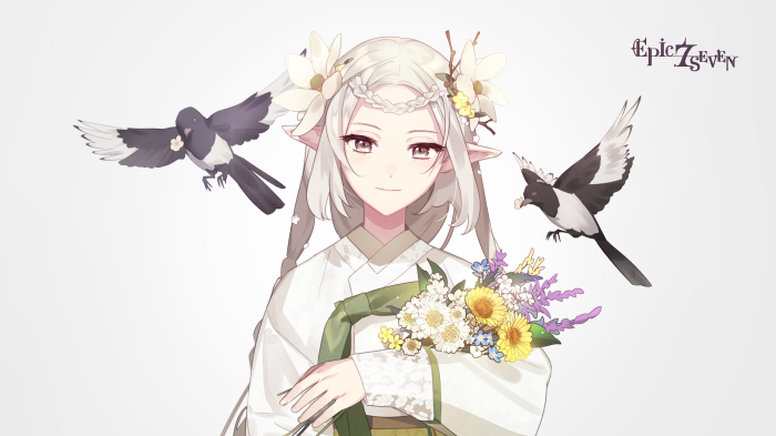 Iseria from Epic Seven with birds and flowers