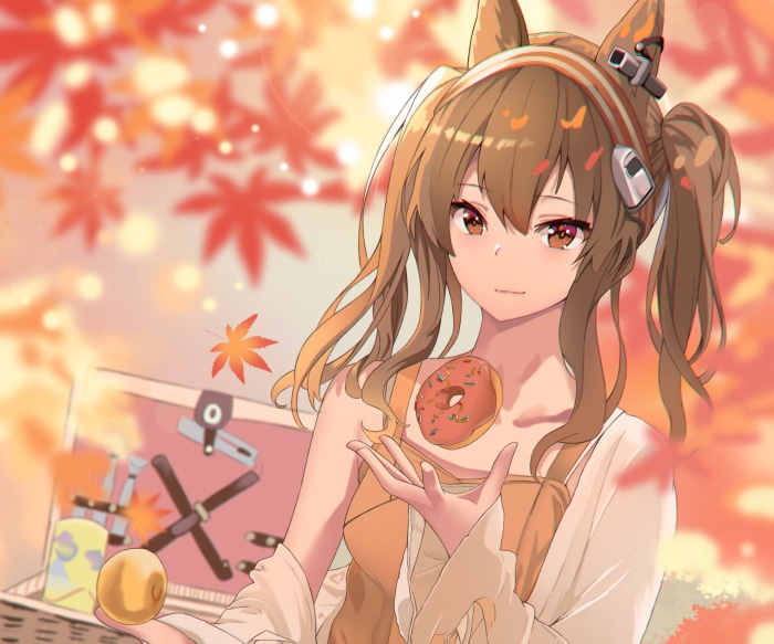 Angelina from Arknights with a donut