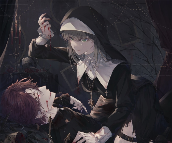 Nun holding bloody hand over fallen man