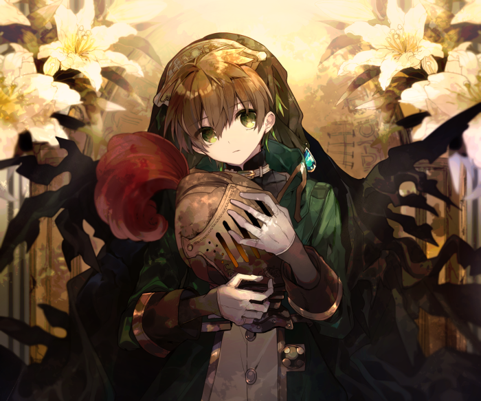 Anime boy holding a helmet