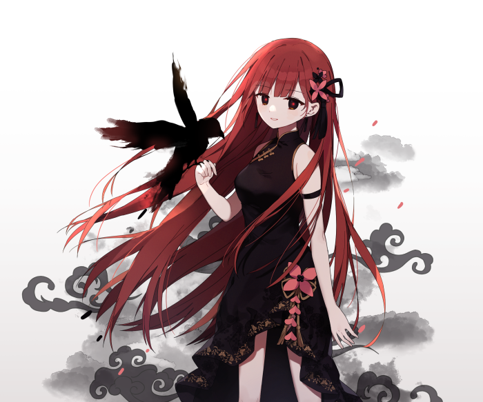 Girl in black dress with red hair and a crow