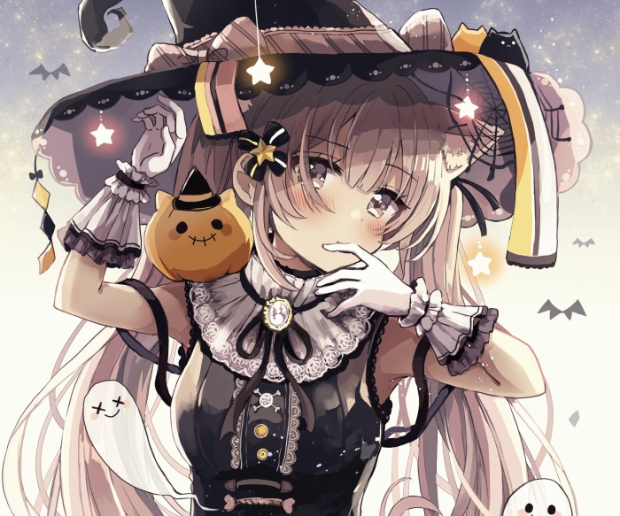 Anime girl in witch costume with Halloween decorations
