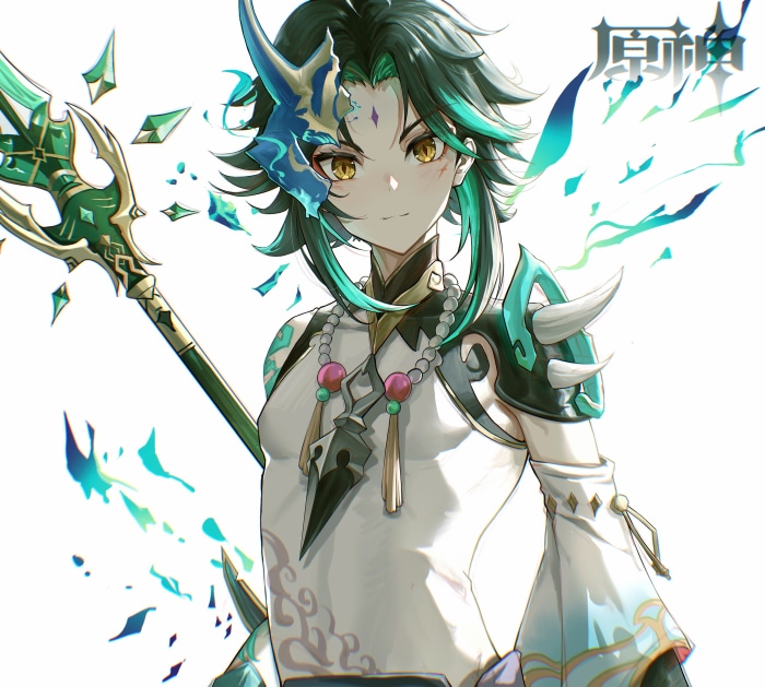 Xiao from Genshin Impact with a polearm
