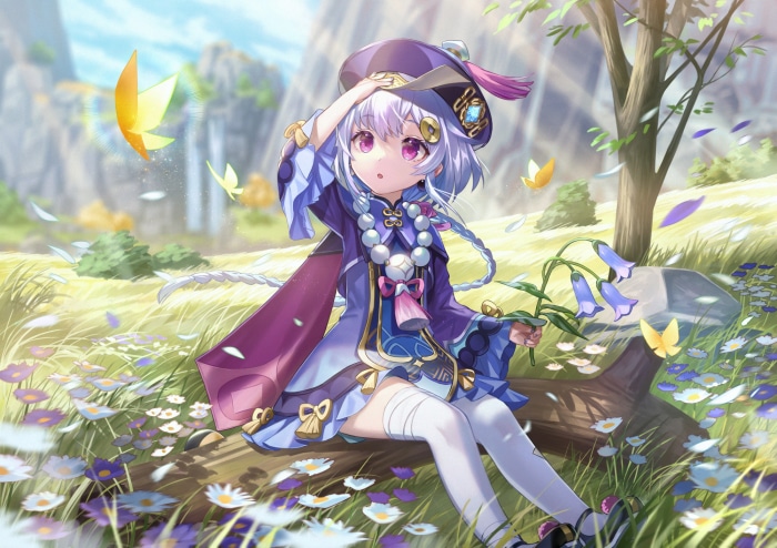 Qiqi from Genshin Impact sitting in a field