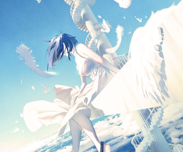 Girl with blue hair and white dress with wings