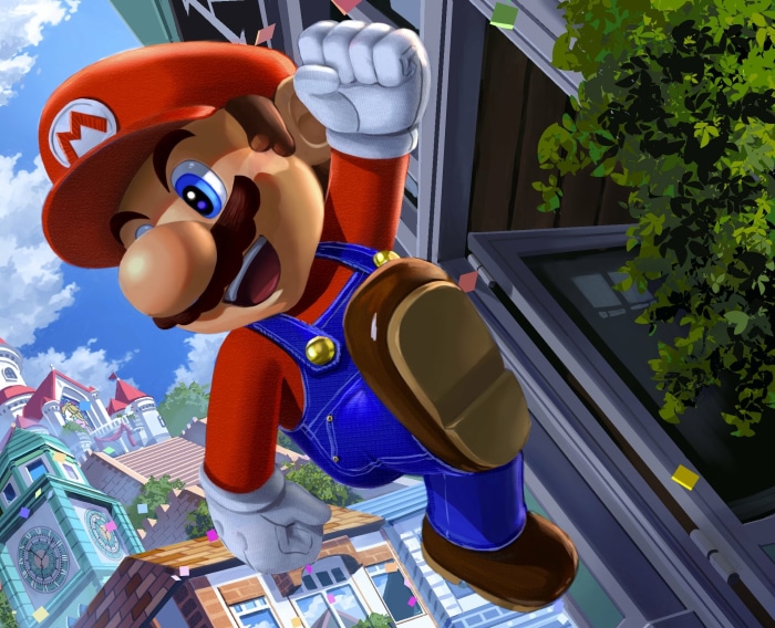 Mario from Super Mario jumping in a cityscape