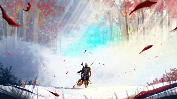 The Mandalorian walking through a forest