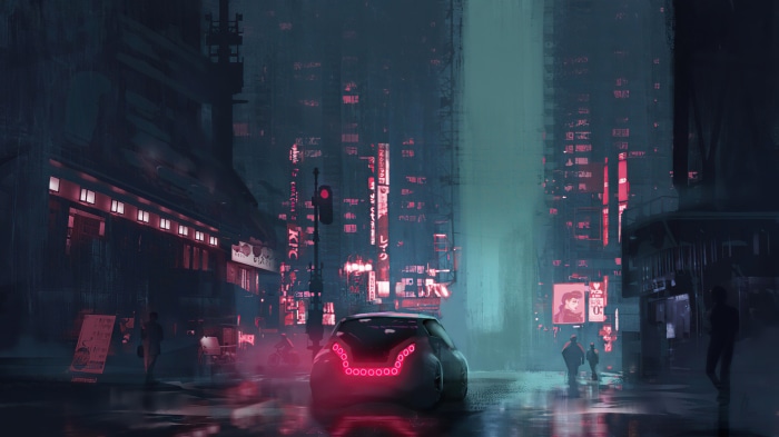 Cyberpunk city street at night with futuristic car