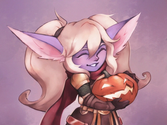 Poppy from League of Legends holding a jack-o'-lantern