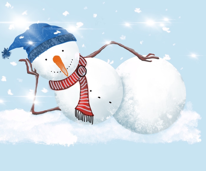 Artistic Snowman with Blue Hat and Scarf