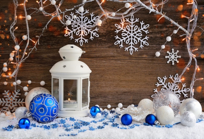 Christmas lantern with ornaments and snowflakes