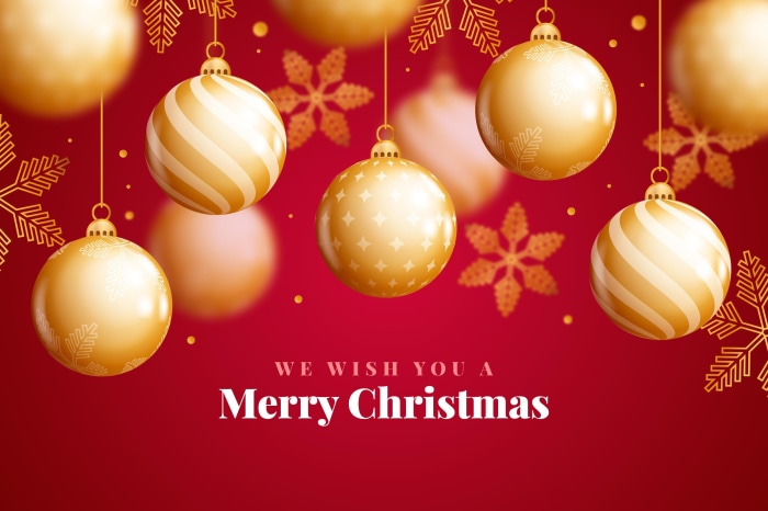 Merry Christmas greeting with golden ornaments