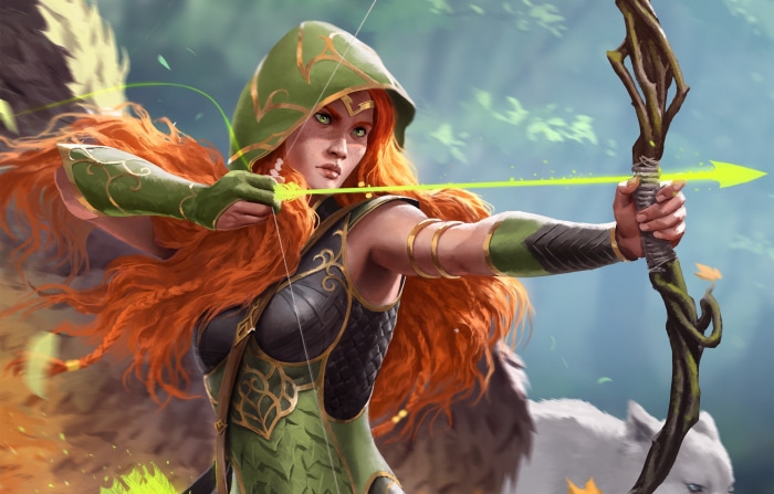Fantasy Archer with Orange Hair Aiming Bow