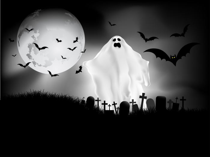 Ghost in Cemetery with Moon and Bats 4K